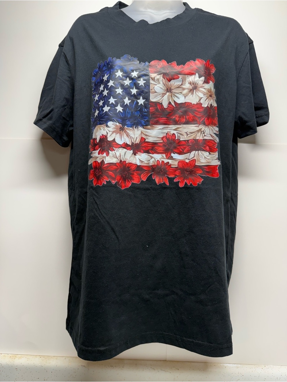 Women’s Black Short Sleeve Tee with Floral American Flag Graphic